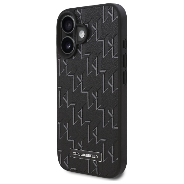 Karl Lagerfeld dėklas, skirtas iPhone 16 Plus, Leather Monogram Metal Logo, juodas