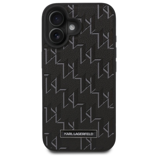 Karl Lagerfeld dėklas, skirtas iPhone 16 Plus, Leather Monogram Metal Logo, juodas