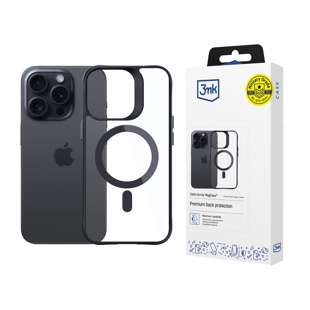 3mk iPhone 14 Pro Max Case Satin Armor MagCase, Clear with Black Frame