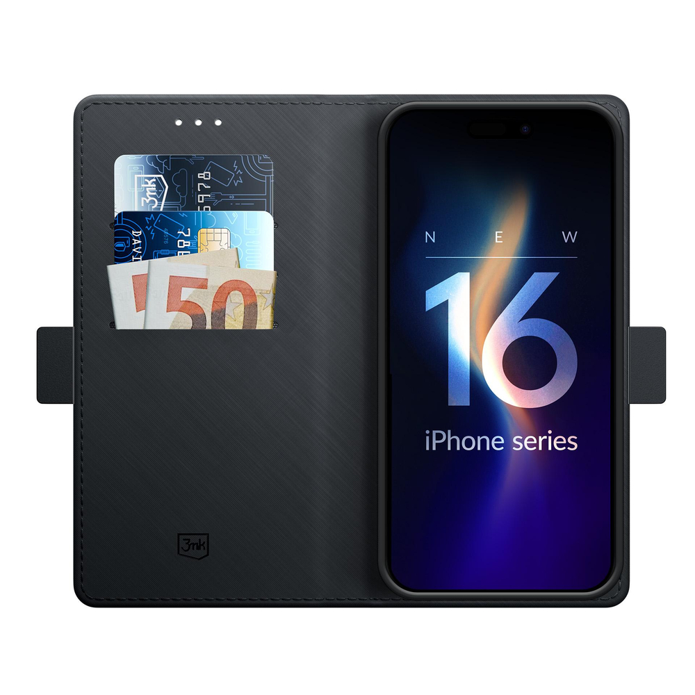 3mk knygutės tipo dėklas „iPhone 16“ telefonui, juodas