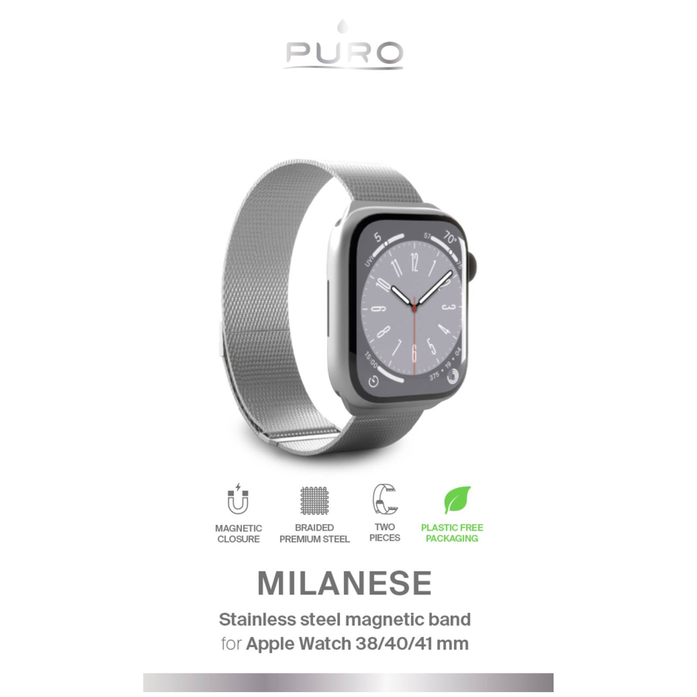 Puro Milanese dirželis Apple Watch 38 / 40 / 41 mm, sidabrinis