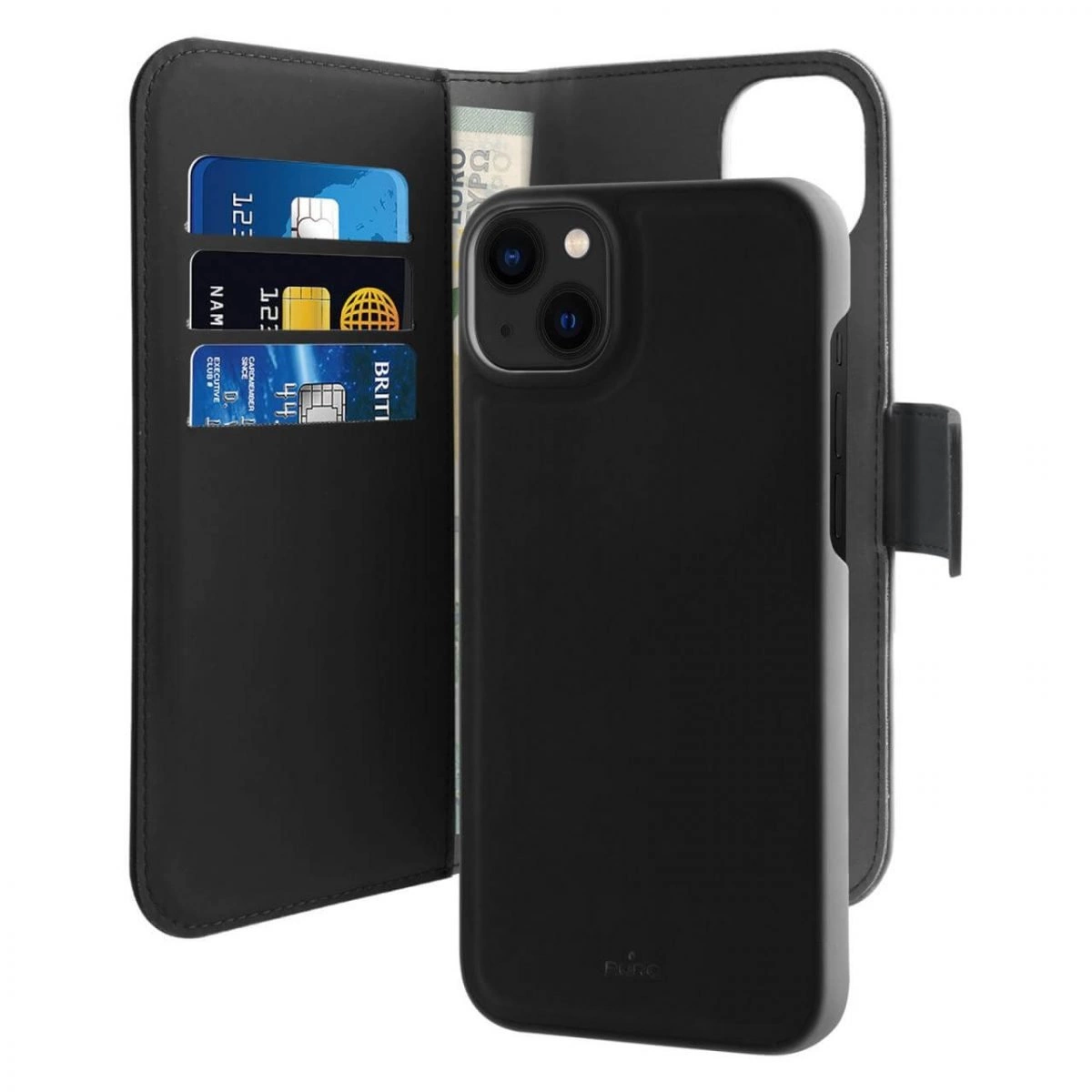 Puro Wallet Detachable MagSafe 2-in-1 ekologiškos odos dėklas iPhone 14 / 13, juodas