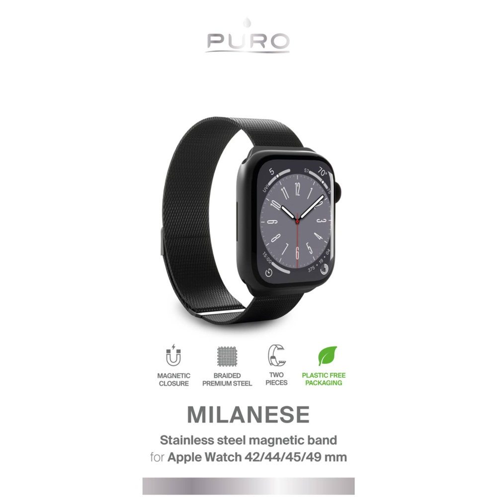 Puro MILANESE dirželis Apple Watch 42 / 44 / 45 / 49 mm laikrodžiui, juodas