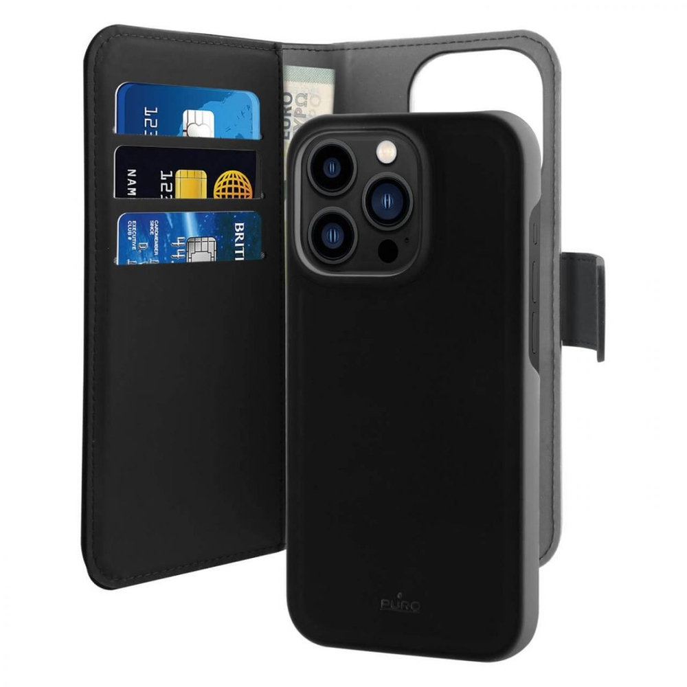 Puro Wallet Detachable MagSafe 2in1 atverčiamas dėklas iPhone 14 Pro, juodas