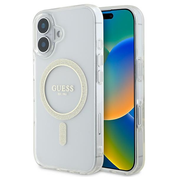 Guess dėklas iPhone 16 telefonui IML Glitter Circle MagSafe, skaidrus