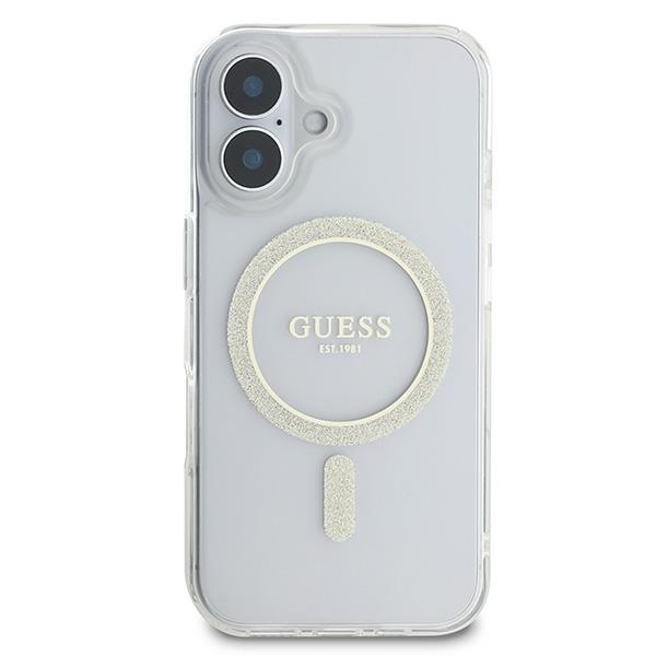 Guess dėklas iPhone 16 telefonui IML Glitter Circle MagSafe, skaidrus