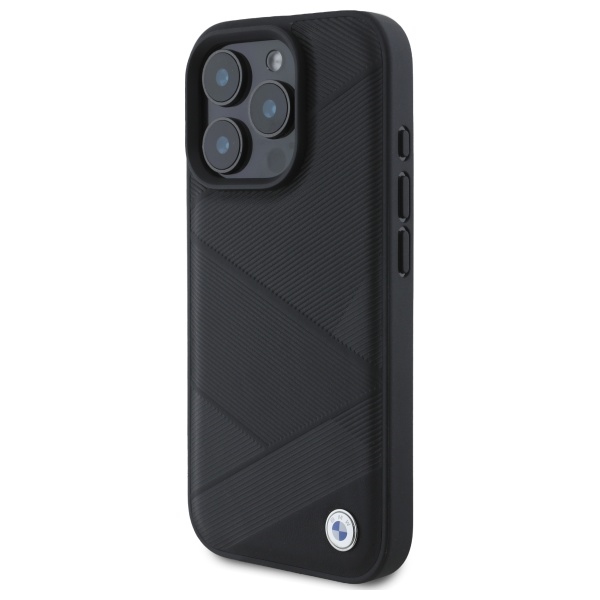 BMW dėklas iPhone 16 Pro Max Sign Leather Crossing Lines Pattern, juodas