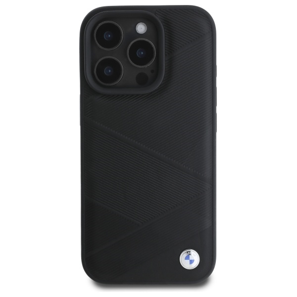 BMW dėklas iPhone 16 Pro Max Sign Leather Crossing Lines Pattern, juodas