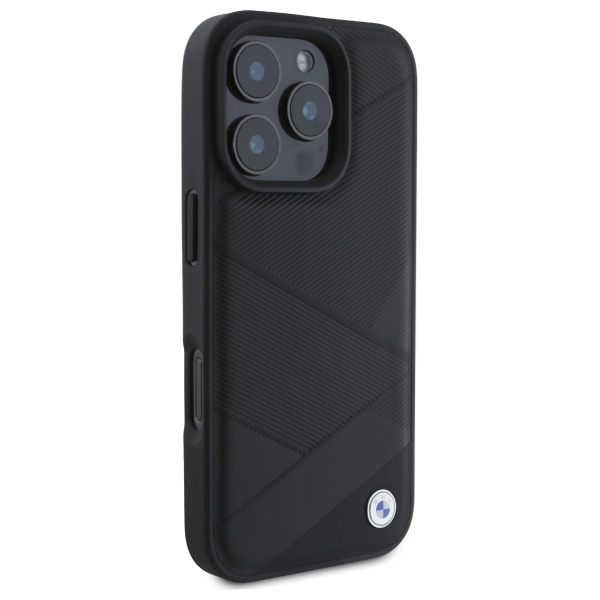 BMW dėklas iPhone 16 Pro Max Sign Leather Crossing Lines Pattern, juodas