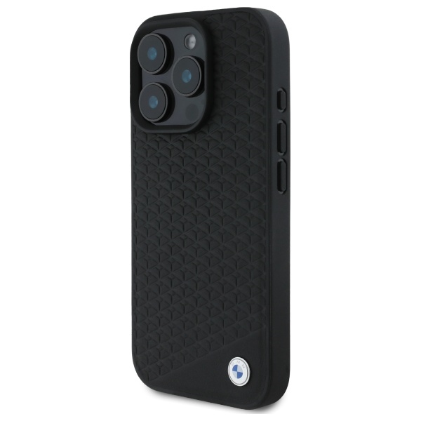 BMW dėklas iPhone 16 Pro telefonui Sign Leather Diamond Metal Logo MagSafe, juodas