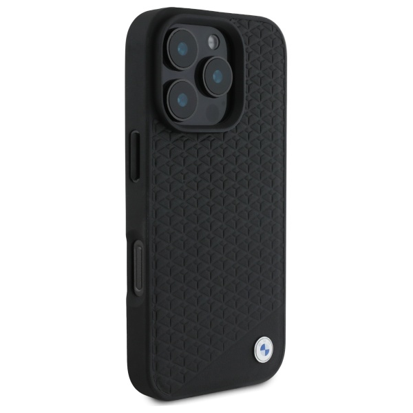 BMW dėklas iPhone 16 Pro telefonui Sign Leather Diamond Metal Logo MagSafe, juodas