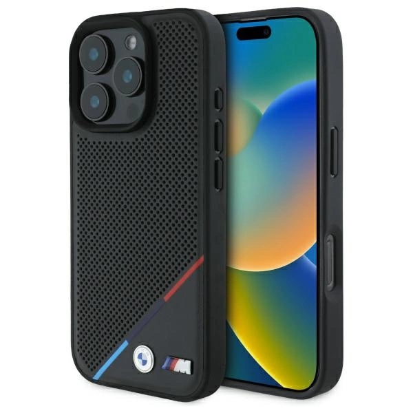 BMW M Perforated Tricolor Line MagSafe dėklas iPhone 16 Pro Max, juodas