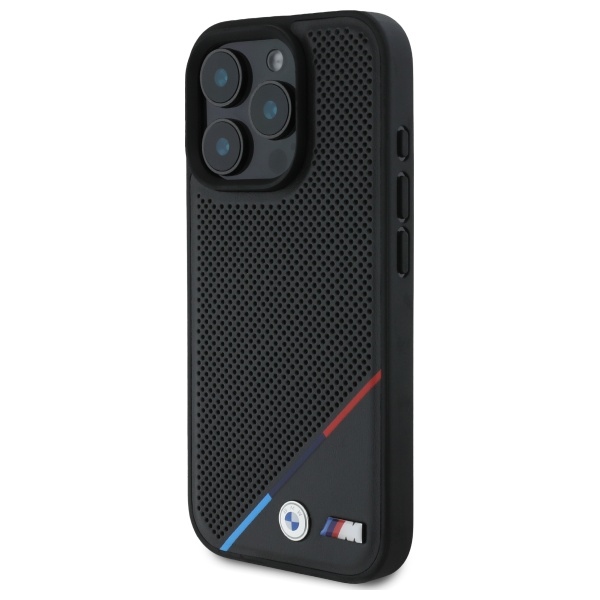 BMW M Perforated Tricolor Line MagSafe dėklas iPhone 16 Pro Max, juodas