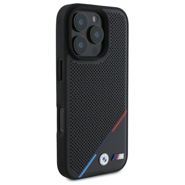 BMW M Perforated Tricolor Line MagSafe dėklas iPhone 16 Pro Max, juodas