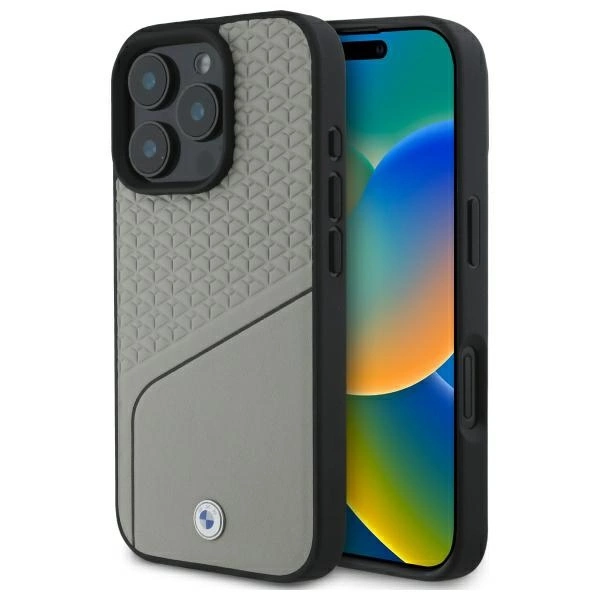 BMW Sign Leather Textured and Line MagSafe dėklas iPhone 16 Pro Max, pilkas