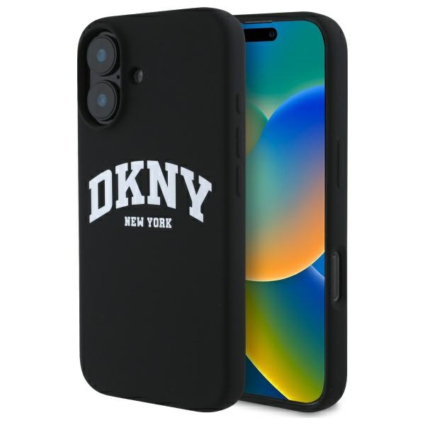 DKNY Silicone White Printed Logo MagSafe dėklas telefonui iPhone 16, juodas