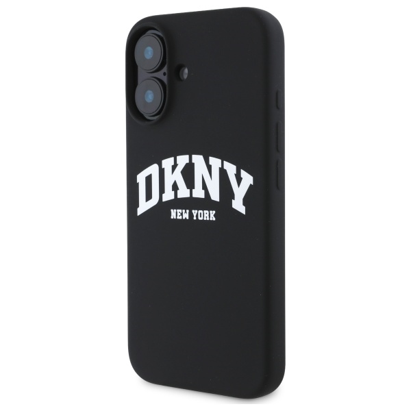 DKNY Silicone White Printed Logo MagSafe dėklas telefonui iPhone 16, juodas