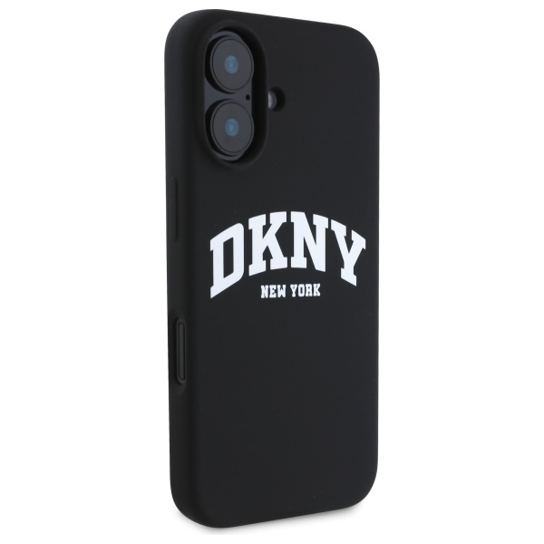DKNY Silicone White Printed Logo MagSafe dėklas telefonui iPhone 16, juodas