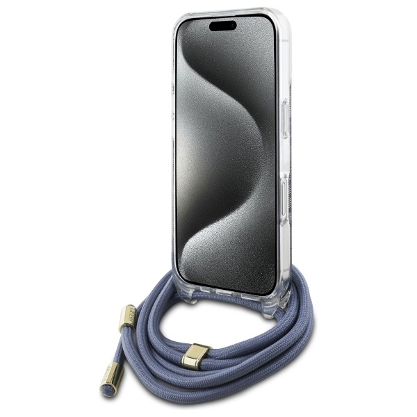 Guess dėklas iPhone 16 Pro telefonui su virvele Crossbody Cord 4G Print, mėlynas