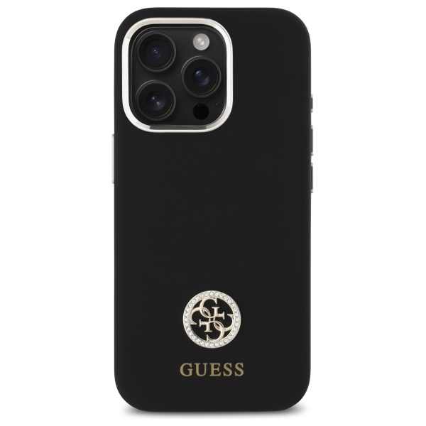 Guess Silicone Logo Strass 4G dėklas, skirtas iPhone 16 Pro, juodas (GUHCP16LM4DGPK)