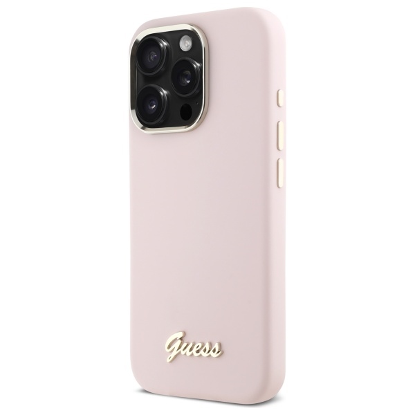 Guess iPhone 16 Pro dėklas Silicone Script Metal Logo & Frame, rožinis