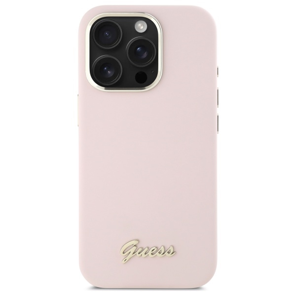 Guess iPhone 16 Pro dėklas Silicone Script Metal Logo & Frame, rožinis