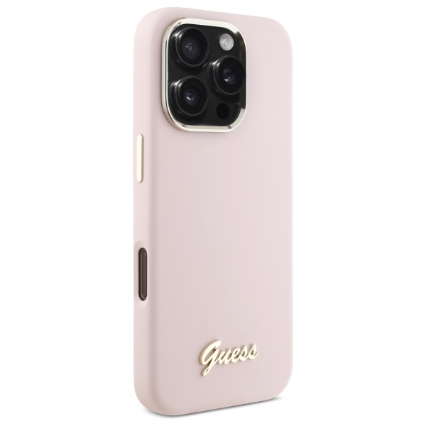 Guess iPhone 16 Pro dėklas Silicone Script Metal Logo & Frame, rožinis