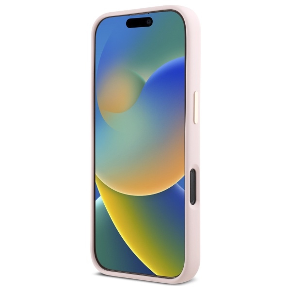 Guess iPhone 16 Pro dėklas Silicone Script Metal Logo & Frame, rožinis
