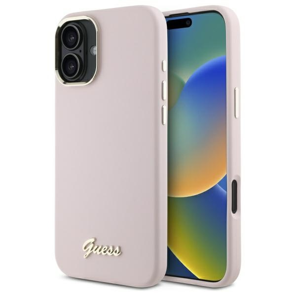 Guess Silicone Script Metal Logo & Frame dėklas iPhone 16 Plus, rožinis