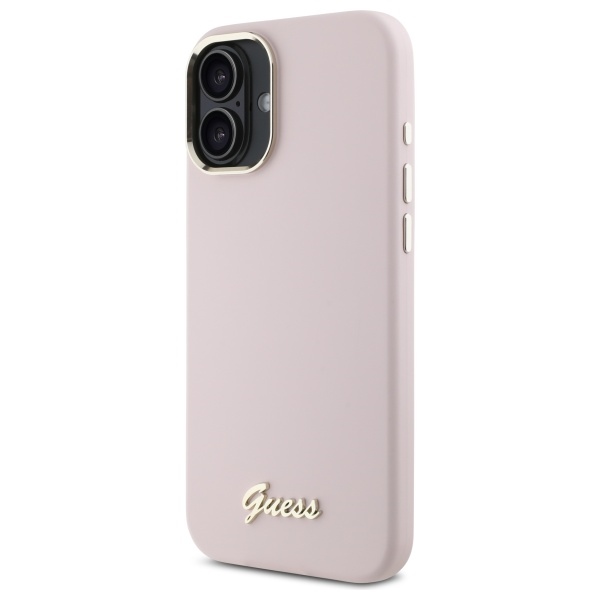 Guess Silicone Script Metal Logo & Frame dėklas iPhone 16 Plus, rožinis
