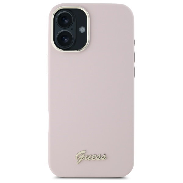 Guess Silicone Script Metal Logo & Frame dėklas iPhone 16 Plus, rožinis
