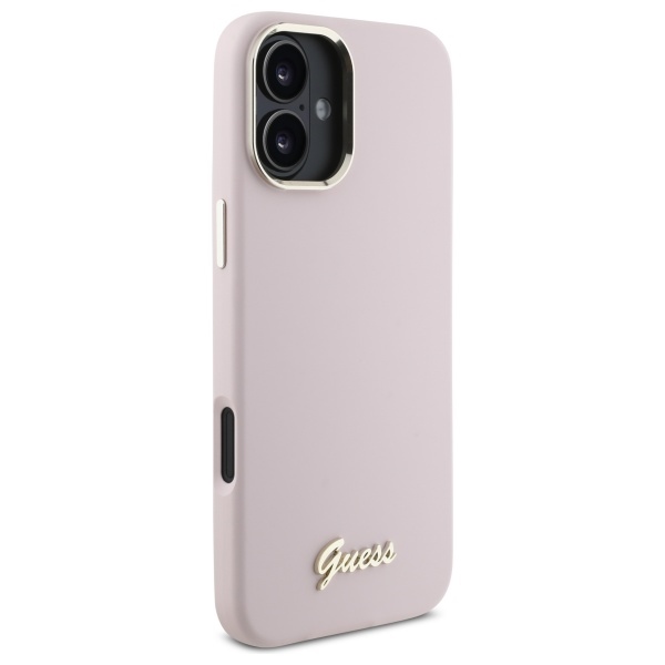 Guess Silicone Script Metal Logo & Frame dėklas iPhone 16 Plus, rožinis