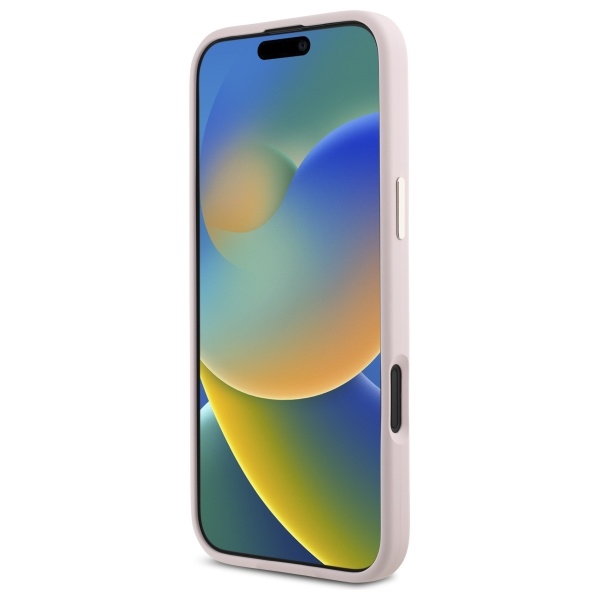 Guess Silicone Script Metal Logo & Frame dėklas iPhone 16 Plus, rožinis