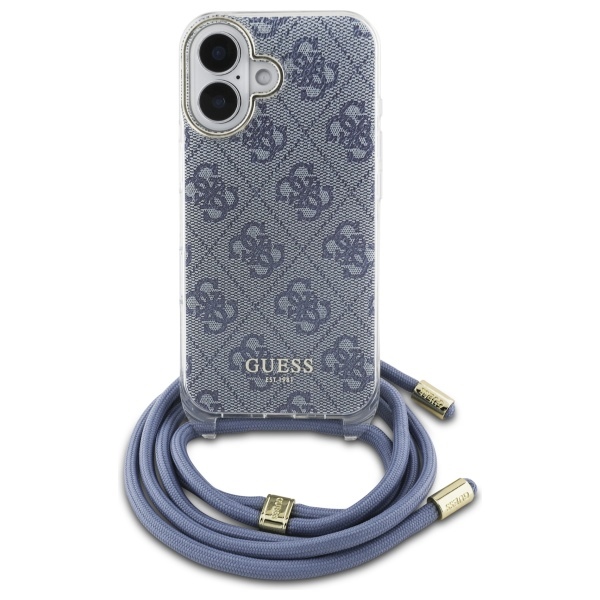 Guess dėklas iPhone 16 telefonui su virvele Crossbody Cord 4G Print, mėlynas