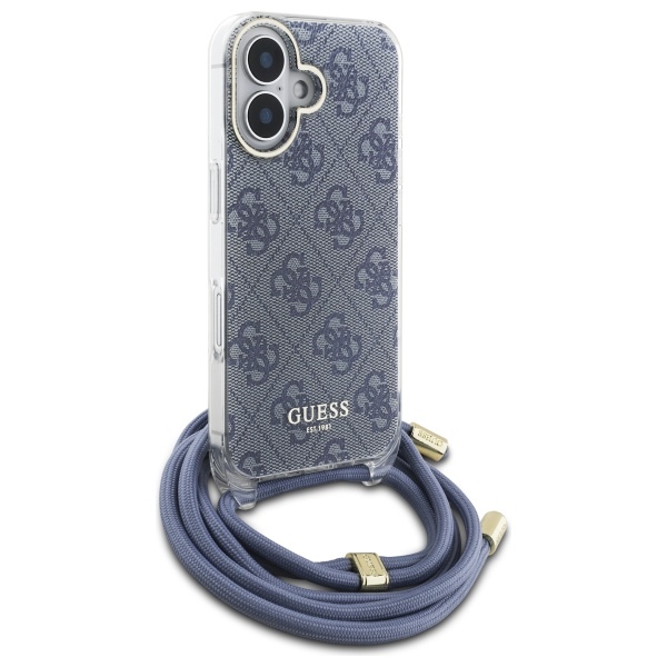 Guess dėklas iPhone 16 telefonui su virvele Crossbody Cord 4G Print, mėlynas