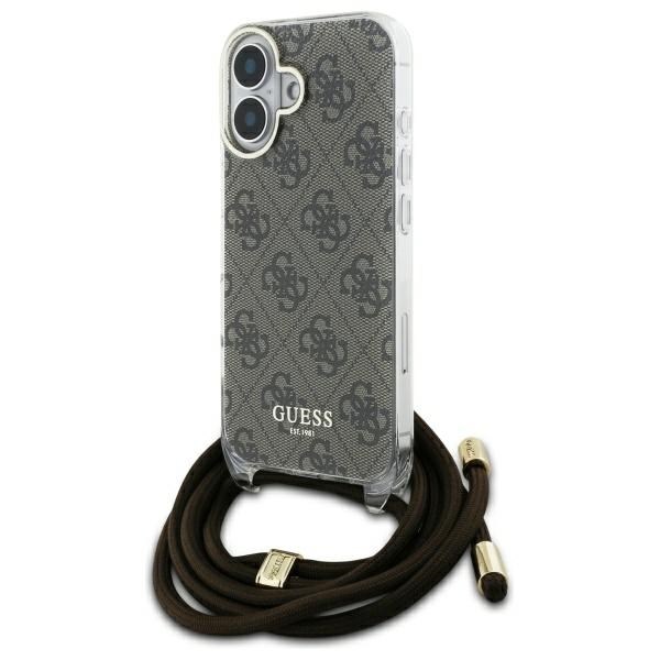 Guess dėklas iPhone 16 telefonui Crossbody Cord 4G Print, rudas