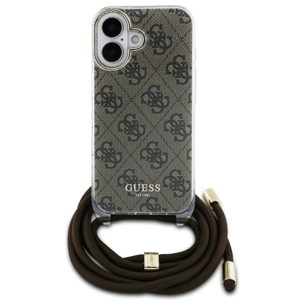 Guess dėklas iPhone 16 telefonui Crossbody Cord 4G Print, rudas