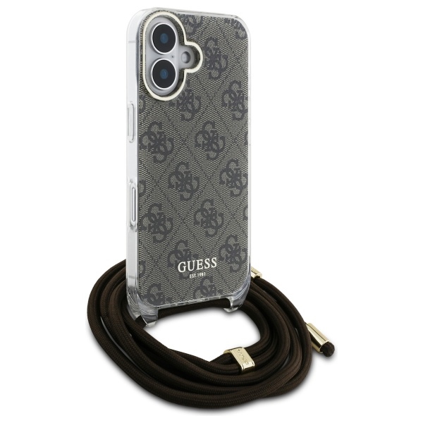 Guess dėklas iPhone 16 telefonui Crossbody Cord 4G Print, rudas
