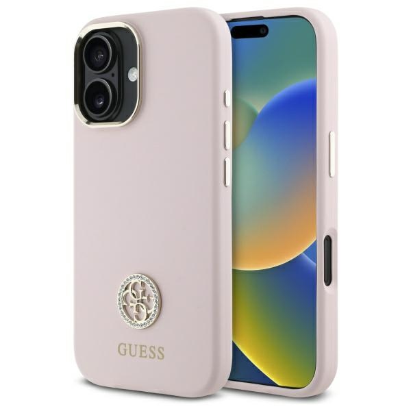 Guess Silicone Logo Strass 4G dėklas, skirtas iPhone 16, šviesiai rožinis