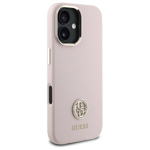 Guess Silicone Logo Strass 4G dėklas, skirtas iPhone 16, šviesiai rožinis