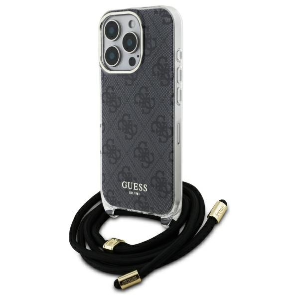 Guess dėklas iPhone 16 Pro Max telefonui Crossbody Cord 4G Print, juodas