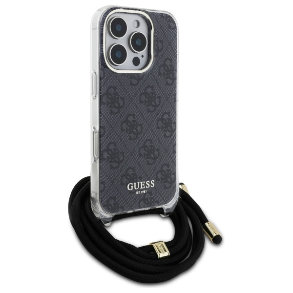 Guess dėklas iPhone 16 Pro Max telefonui Crossbody Cord 4G Print, juodas
