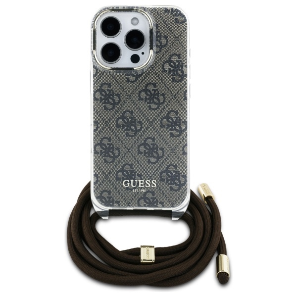 Guess dėklas iPhone 16 Pro Max su reguliuojamu laidu Crossbody Cord 4G, rudas