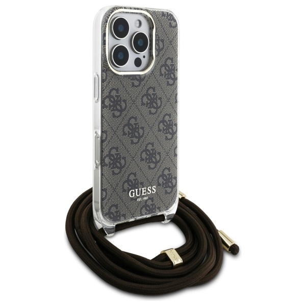Guess dėklas iPhone 16 Pro Max su reguliuojamu laidu Crossbody Cord 4G, rudas