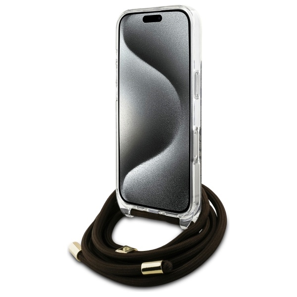 Guess dėklas iPhone 16 Pro Max su reguliuojamu laidu Crossbody Cord 4G, rudas