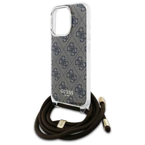 Guess dėklas iPhone 16 Pro Max su reguliuojamu laidu Crossbody Cord 4G, rudas