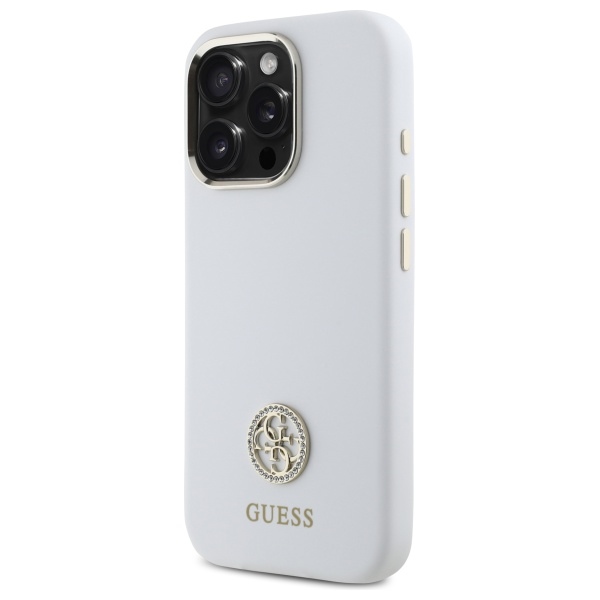 Guess Silicone Logo Strass 4G dėklas, skirtas iPhone 16 Pro Max, baltas