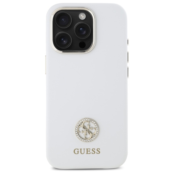 Guess Silicone Logo Strass 4G dėklas, skirtas iPhone 16 Pro Max, baltas
