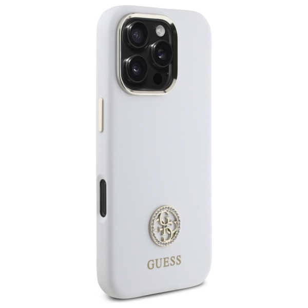Guess Silicone Logo Strass 4G dėklas, skirtas iPhone 16 Pro Max, baltas