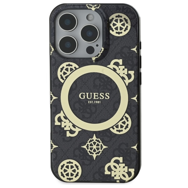 Guess dėklas iPhone 16 Pro su MagSafe, IML Peony On 4G Background, juodas